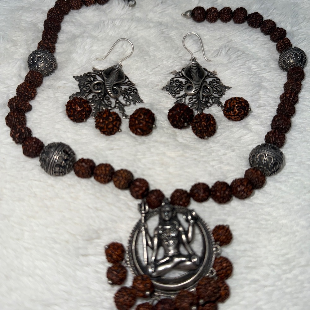 Silver rudraksha and shiva necklace set